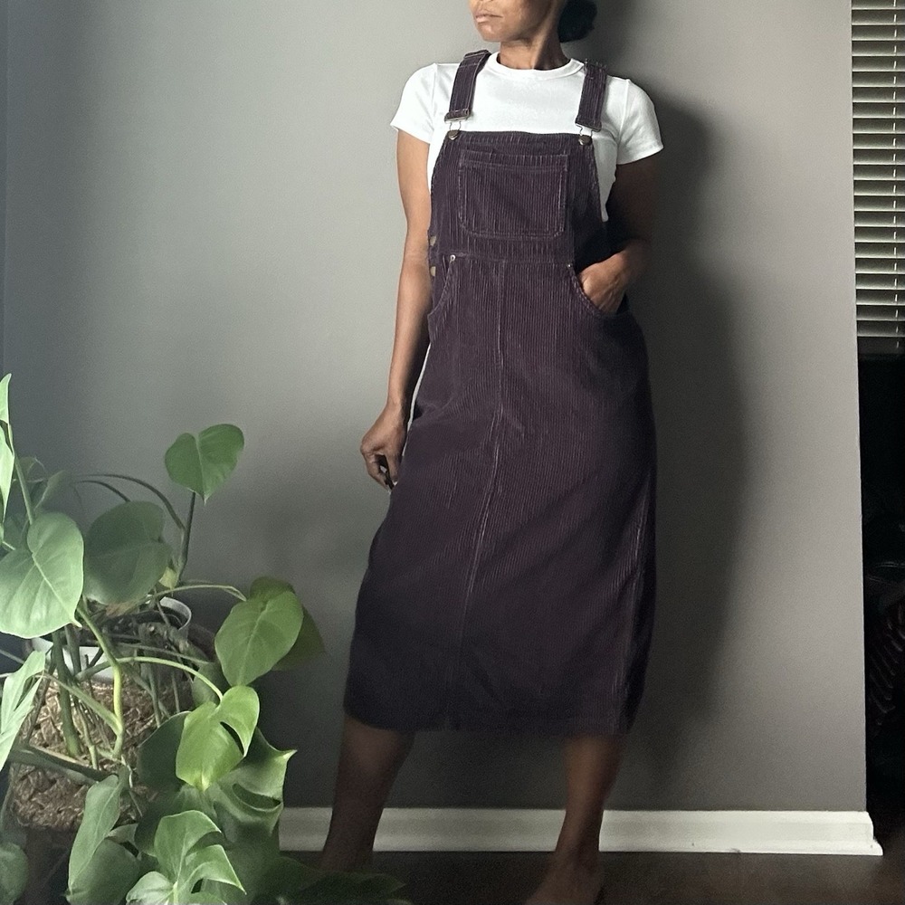 Vintage FADS Corduroy Overall Dress Womens Size 8 Purple 100% Cotton Pockets